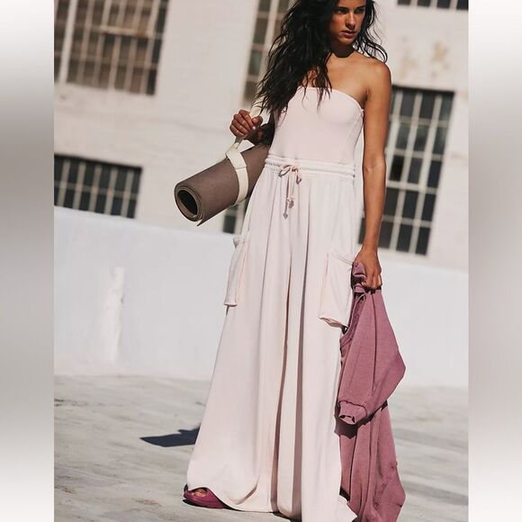 Free People Grand Slam Strapless Onesie Straight Leg Pockets Ivory XS - Picture 8 of 8